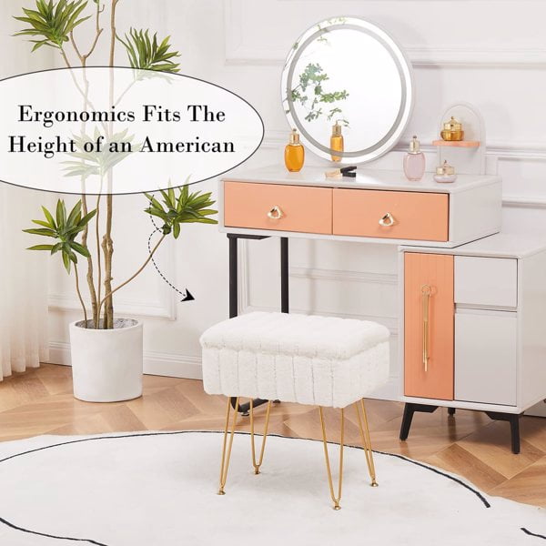 Faux Fur Storage Ottoman – Vanity Stool with Metal Legs, Anti-Slip Feet, and Hidden Storage, 16.5" x 11.8" x 18" Makeup Chair, Footrest, or Accent Bench for Bedroom Cream