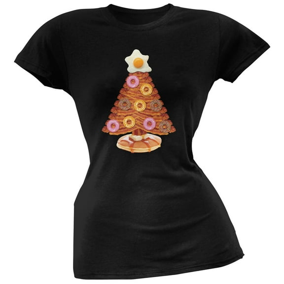 Breakfast Bacon And Eggs Christmas Tree Black Soft Juniors T-Shirt
