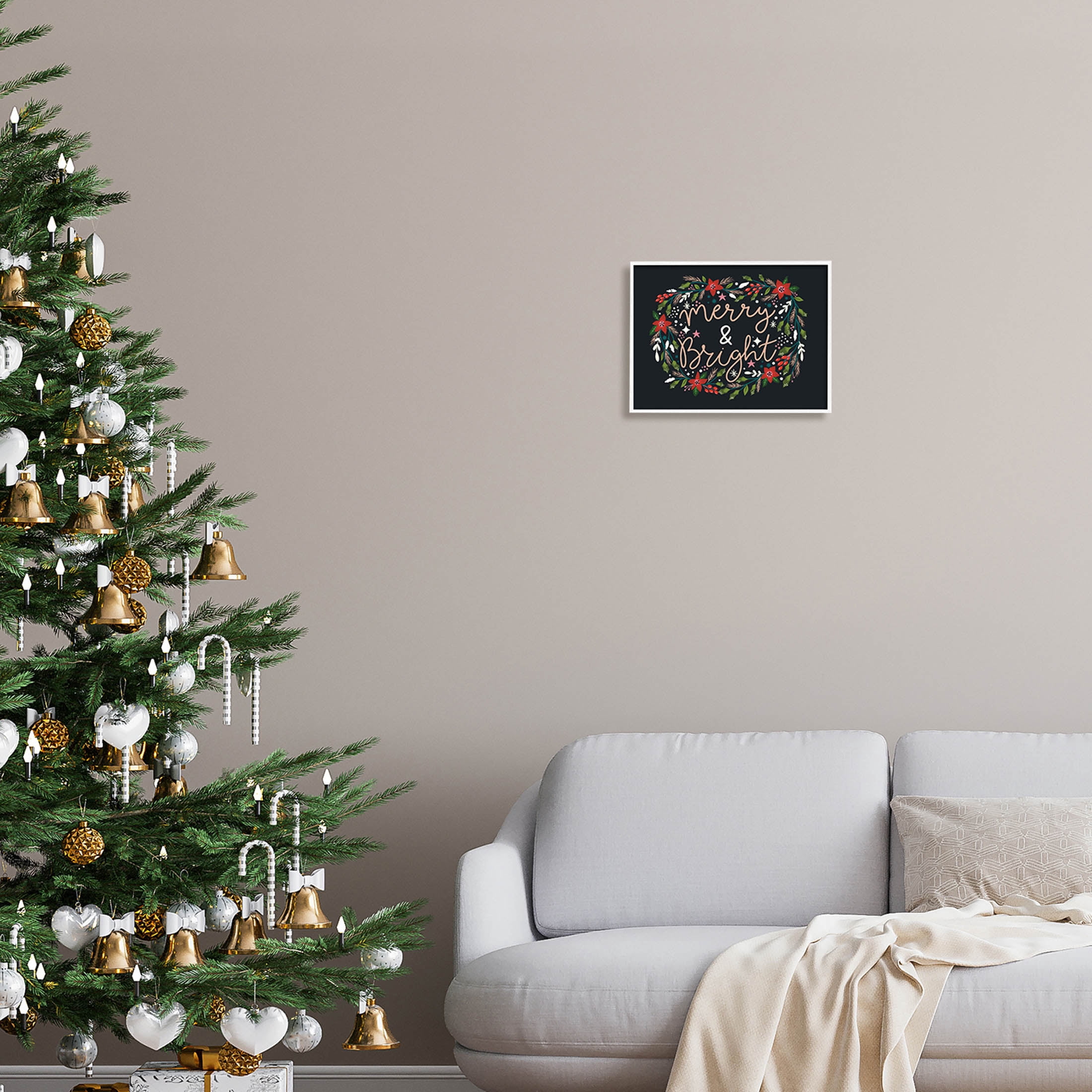Merry & Bright Poinsettia Wreath Holiday Graphic Art White Framed Art Print Wall Art