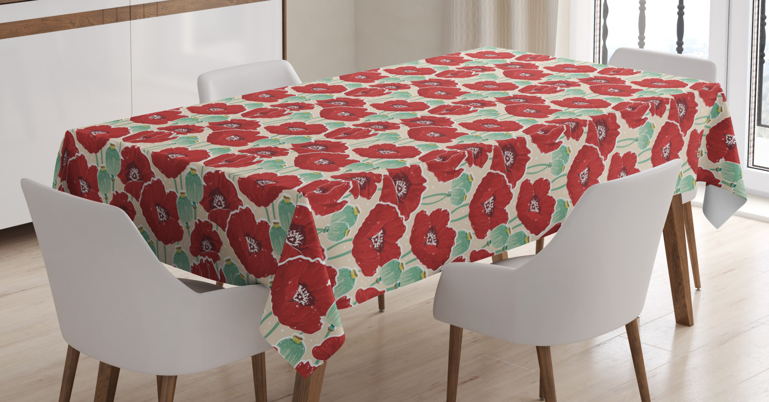 Poppy Tablecloth, Spring Garden Pattern with Red Blossoms Seed Capsules