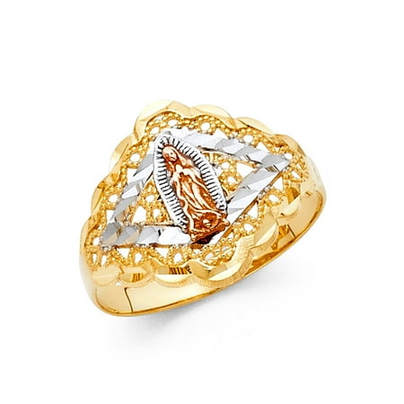 Diamond Filigree Heart Band Ring - Guadalupe Ring 14k Yellow White Rose Gold Virgin Mary Band Diamond Cut Filigree Fancy 15MM