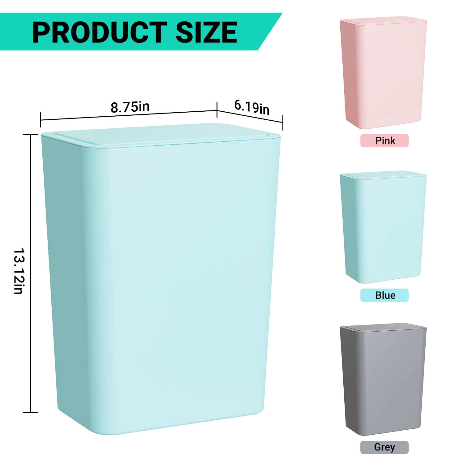 TINANA Small Trash Can with Lid, 3 Pack 10L Plastic Trash Bin, 2.6 Gallon Slim Garbage Cans Wastebasket with Pop-Up Lid for Bathroom, Bedroom, Office, Kitchen, Craft Room-Pink Blue Gray