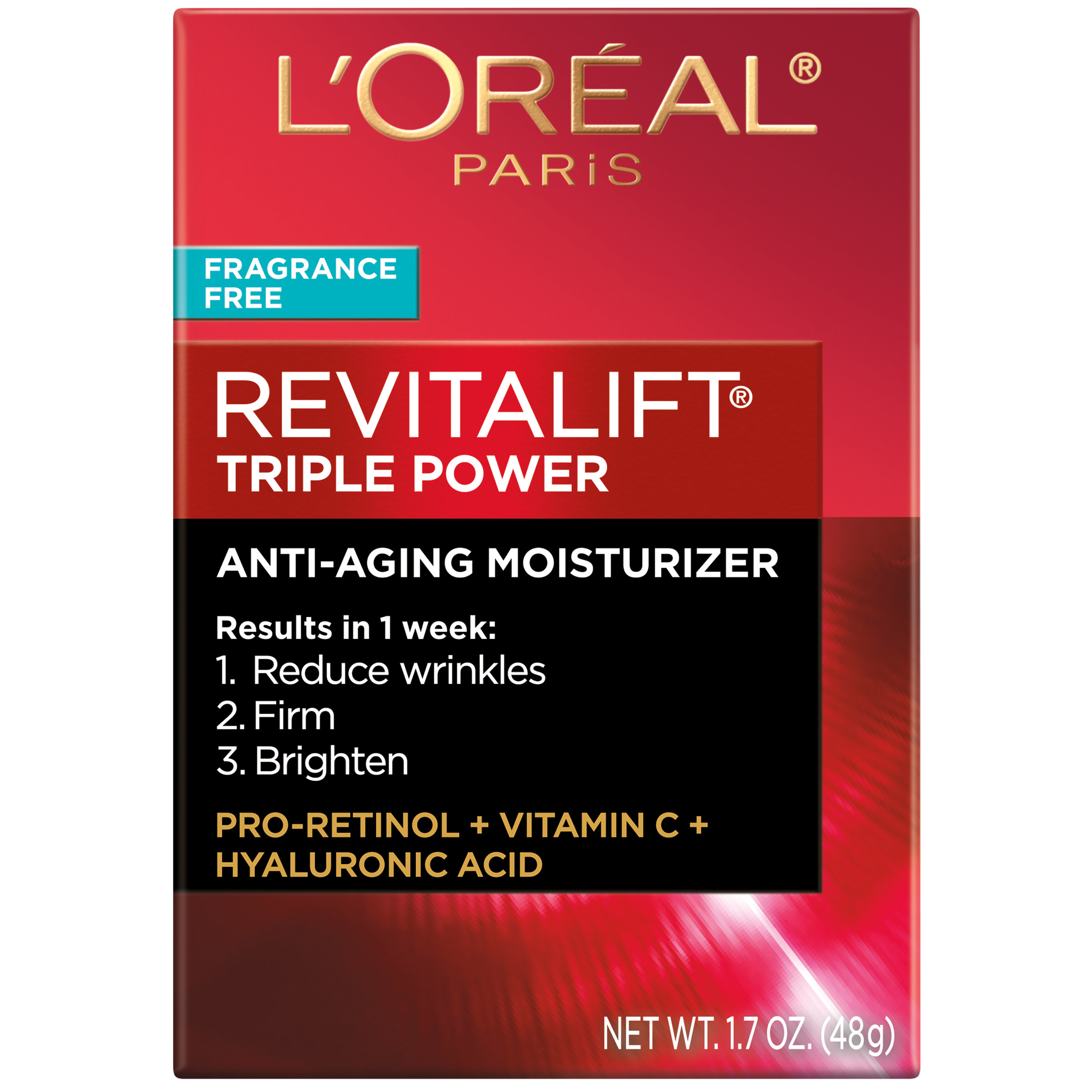 L'Oreal Paris Revitalift Triple Power Anti-Aging Face Moisturizer, Fragrance Free, Pro Retinol, Hyaluronic Acid & Vitamin C to Reduce Wrinkles, Firm & Brighten Skin, Unscented Cream, 1.7 oz
