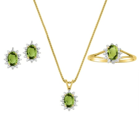 Genuine Natural Peridot & Diamond Pendant, Earrings & Ring Set in 14K Yellow Gold Plated silver with Chain and Gift Box