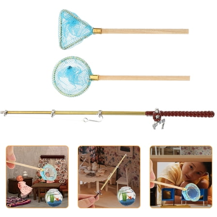 1 Set of Miniature Fishing Rod Life Scene Models Doll House Decoration Miniature Fish Rod Fishing Net