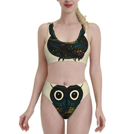 Bixox Owl with Mandala Pattern Two-Piece Sports Bikini with U-Shaped Top and High-Waist Bottom - Women s Swimwear with Removable Bra Pads