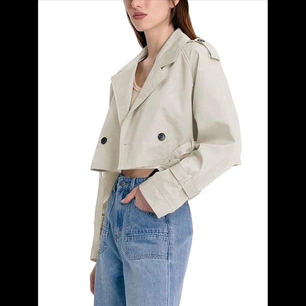 Chaqueta Corta de Ciclismo para Mujer, Gabardina Informal Cruzada con Cinturón Gris L