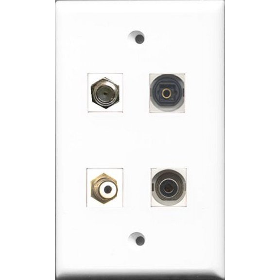 RiteAV 1 Port RCA White and 1 Port Coax Cable TV- F-Type and 1 Port Toslink and 1 Port 3.5mm Wall Plate