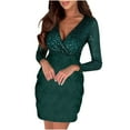thumbnail image 2 of ClodeEU Women's Sequin V Neck Long Sleeve Dress ,Glitter Jumper Dresses Wrap Ruched Bodycon Mini Dress Green,Womens Plus S, 2 of 5