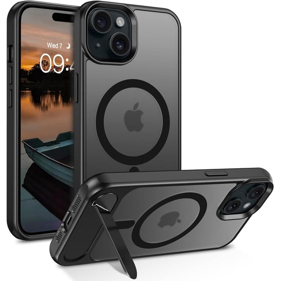 for iPhone 15 Magnetic Case with Adjustable Metal Kickstand, Compatible with MagSafe Slim Translucent Matte Shockproof Protective Phone Case for 6.1 Inch, Black