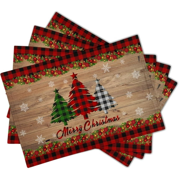 Merry Christmas Placemats Set of 4 18" x 12", Winter Xmas Tree Snowflake Red Plaid Table Mats Heat-Resisting Non Slip Reversible Burlap Coffee Place Mats for Party Dining Table Kitchen Decor