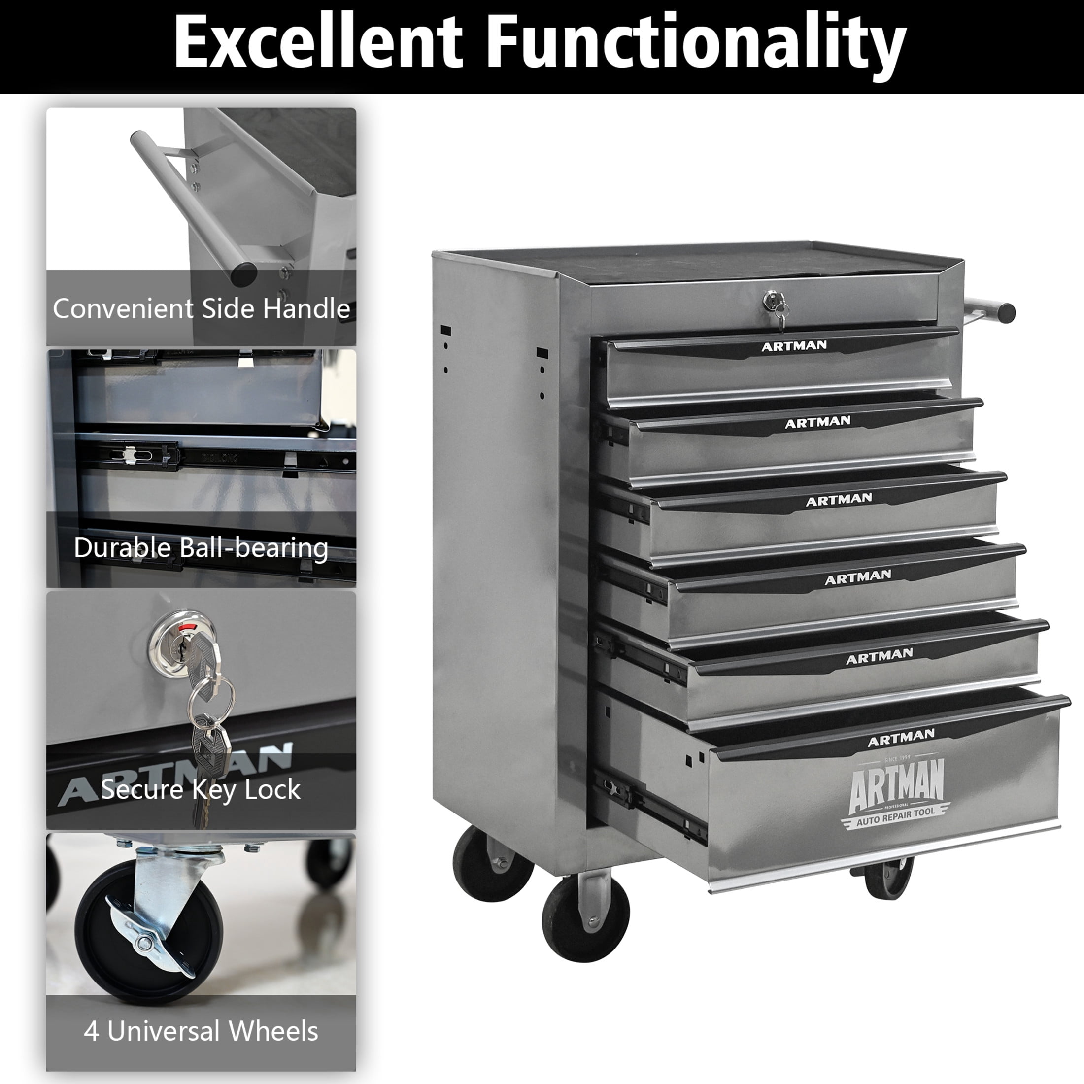Noble House 6-Drawer Mobile Steel Tool Organizer with Key Lock, Ball Bearing Slide Storage Cabinet Box, Silver