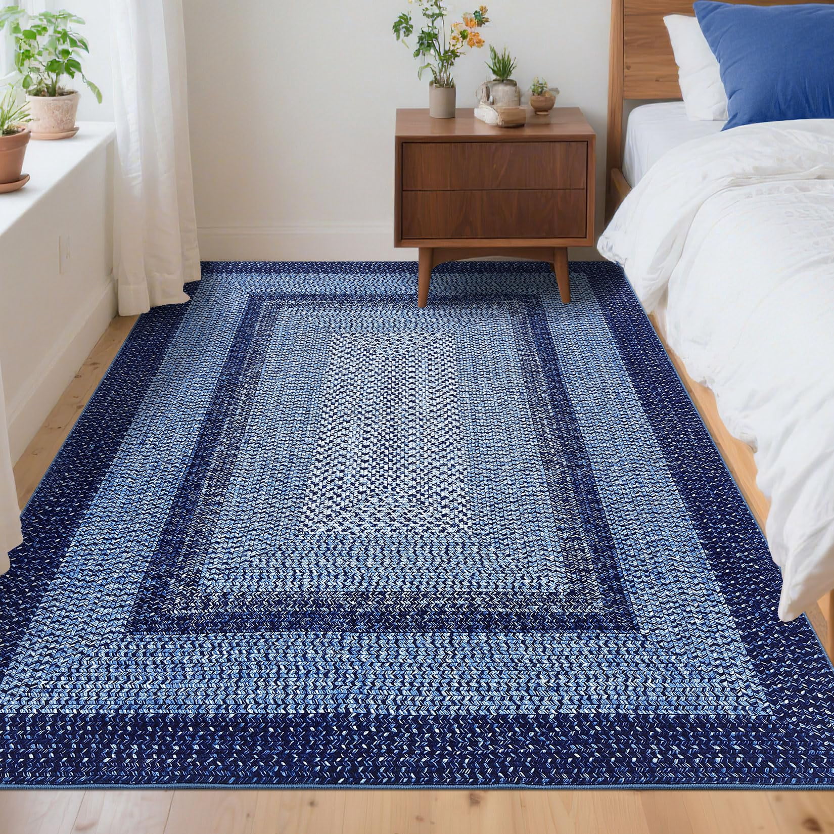 Modern Washable Area Rug 4'x6' Vintage Braided Print Non-Slip Low Pile Carpet for Living Room Bedroom Home Office, Navy Blue