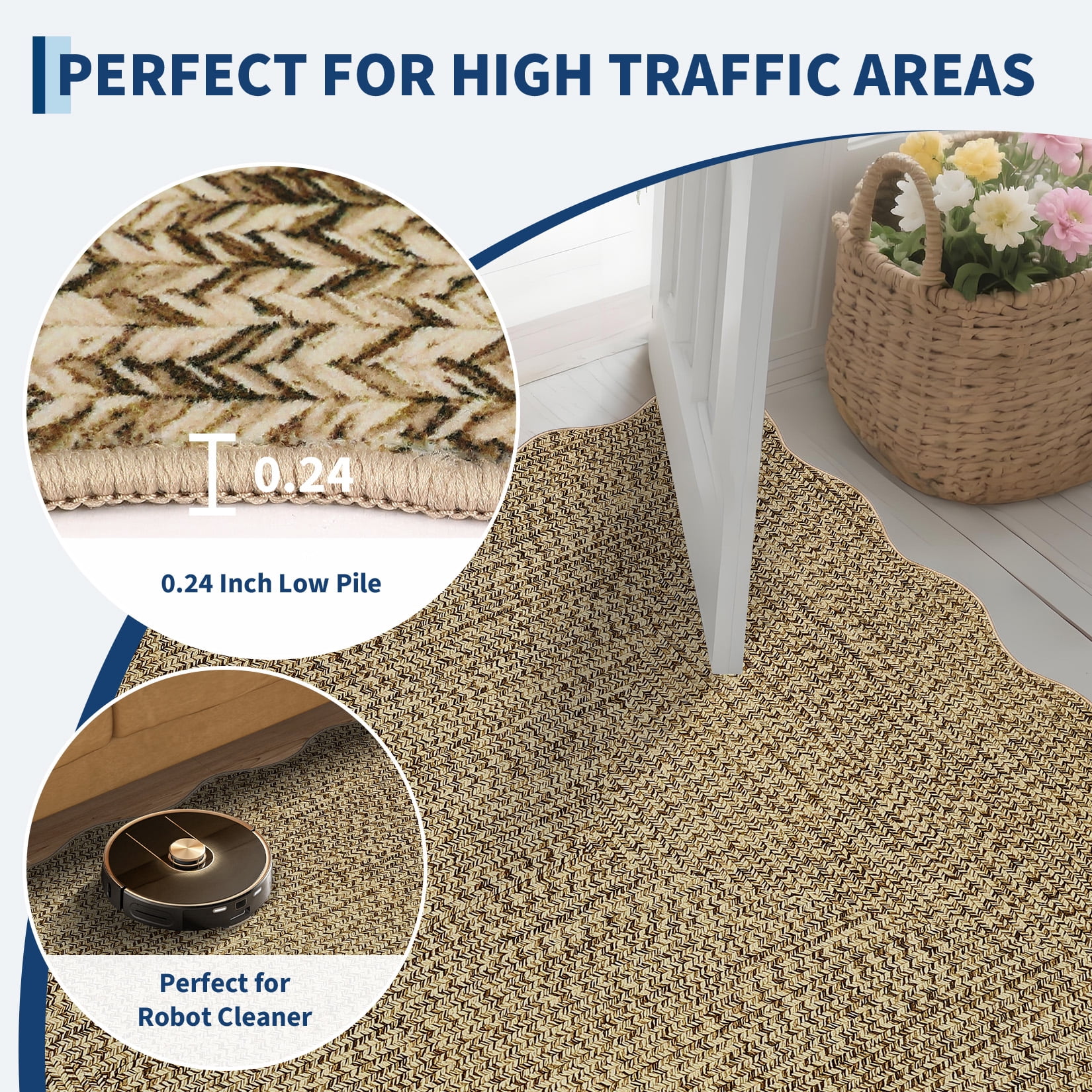 COZONY Scalloped Washable Area Rug 4x6, Non-Slip Low Pile Farmhouse Carpet for Nursery, Kids Room, Dining Room and Bedroom, Beige