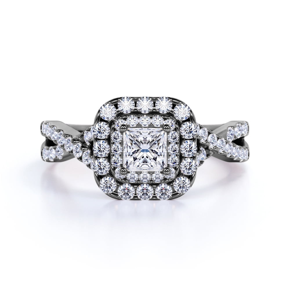 JeenMata Elegant Square Cut Lab Grown Diamond - Twisted Band - Pave - Double Halo Gothic Engagement Ring - 10K Black Gold