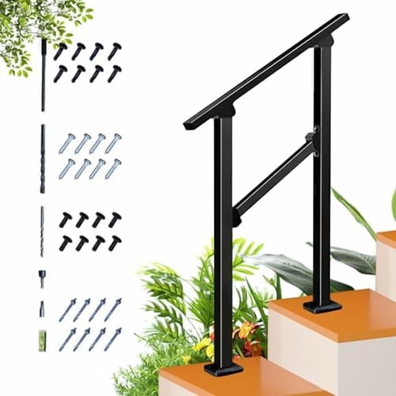 2 Step Handrail for Outdoor Step,Metal Porch Stair Railing 2 Steps Handrails Black Wrought Iron Handrail kit for Concrete, Porch Steps$$Tools & Hardware Other