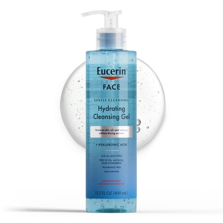 Eucerin Face Hydrating Cleansing Gel Facial Cleanser with Hyaluronic Acid, Makeup Remover, 13.5 fl oz