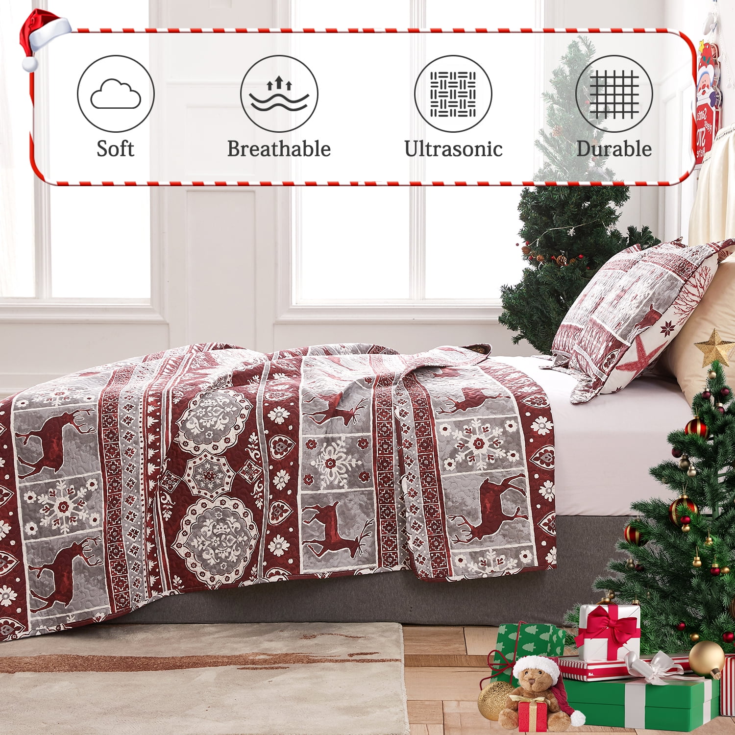 Jessy Home Christmas Quilt Set Queen/Full Size Rustic Holiday Bedding Set Red Moose Cabin Lodge Quilt Lightweight Soft Microfiber Xmas Bedspread Coverlet Christmas Gift with 2 Pillowcases