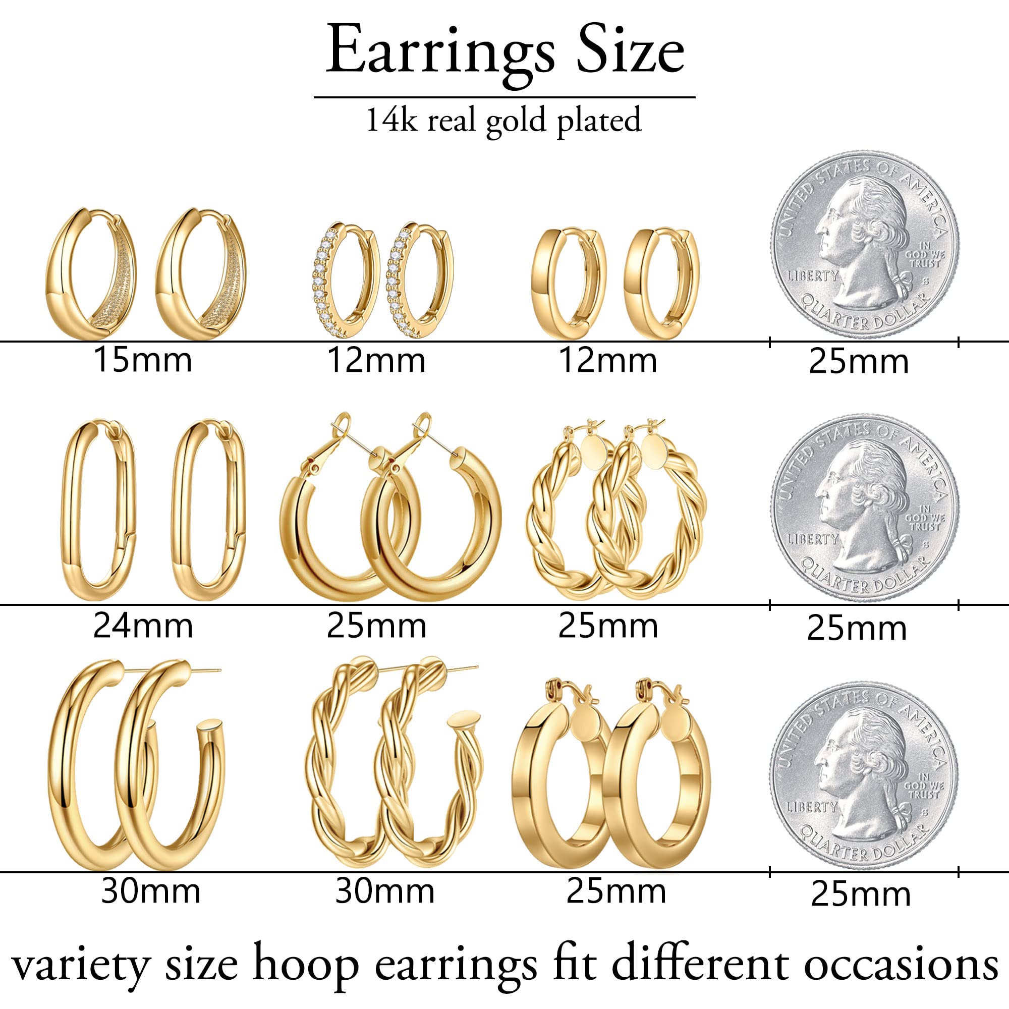 Turandoss 14K Gold Plated Twisted Huggie Hoop Earrings Set, 9 Pairs photo 6