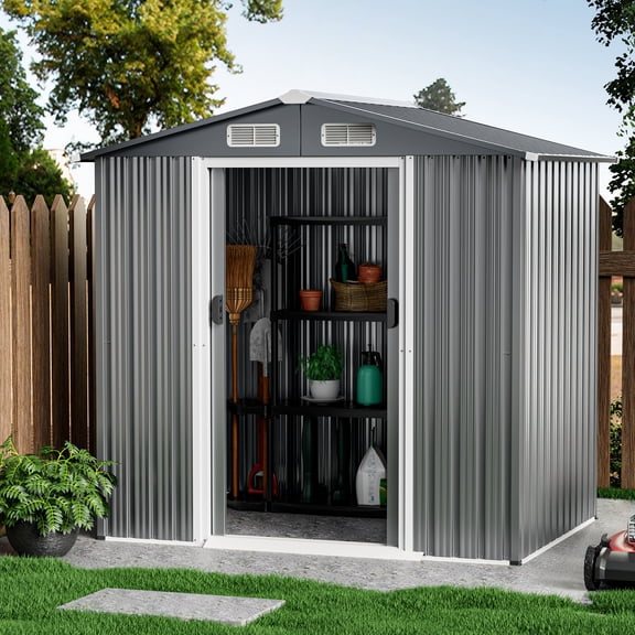 KDTHTF 6' x 4' Outdoor Storage Shed, Galvanized Steel Garden Shed with Lockable Sliding Doors & Ramp, 130 Cu.Ft Capacity Metal Tool Shed with Ventilation, Weather-Resistant