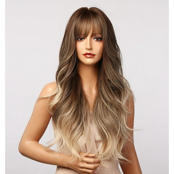 Ombre Brown to Ash Blonde Wigs with Bangs, Long Wavy Synthetic Hair Wig 22 inch -138 Brown Ombre Ash Blond