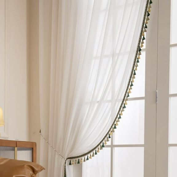White Sheer Curtains with Tassel, Light Filterting Window Drapes with Hooks, Pinch Pleated Curtains for Bedroom Home, 2 Panels(45Wx84L, Green)