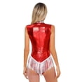 thumbnail image 4 of Kaerm Womens Fringed Latin Dance Leotard Metallic Tassel Bodysuit with Hat Red XL, 4 of 6