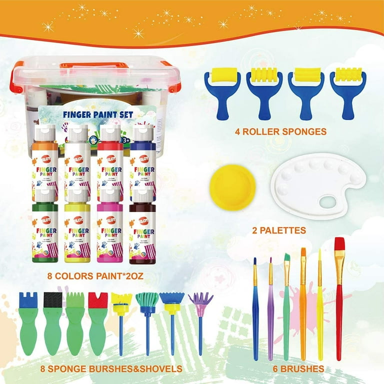 Washable Finger Paint Set, Shuttle Art 46 Pack Kids Paint Set with 14  Colors(60ml) Finger Paints, Brushes, Finger Paint Pad, Sponge, Palette,  Smock