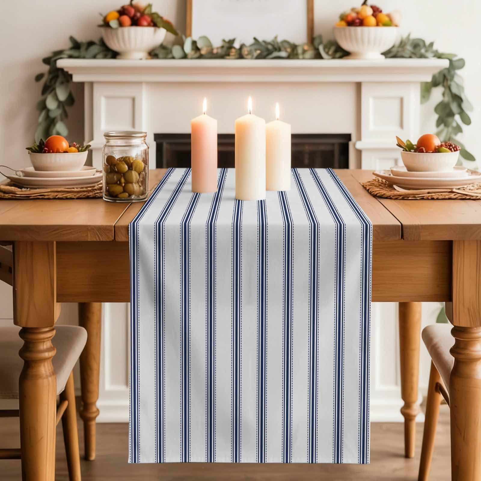 Navy Blue Striped Table Runner, Navy Blue White Stripes Farmhouse Washable Cotton Linen Table Runners 72 Inches Long, Dresser Scarf Runner for Dining/Coffee/Kitchen/TV Stands/Cabinets 13''x72''