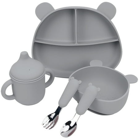 

5Pcs Baby Feeding Set with Bowl Plate Cup Spoon Folk Food-Grade Silicone Toddler Tableware Set Non-Slip Self-Feeding Cutlery Set with Suction