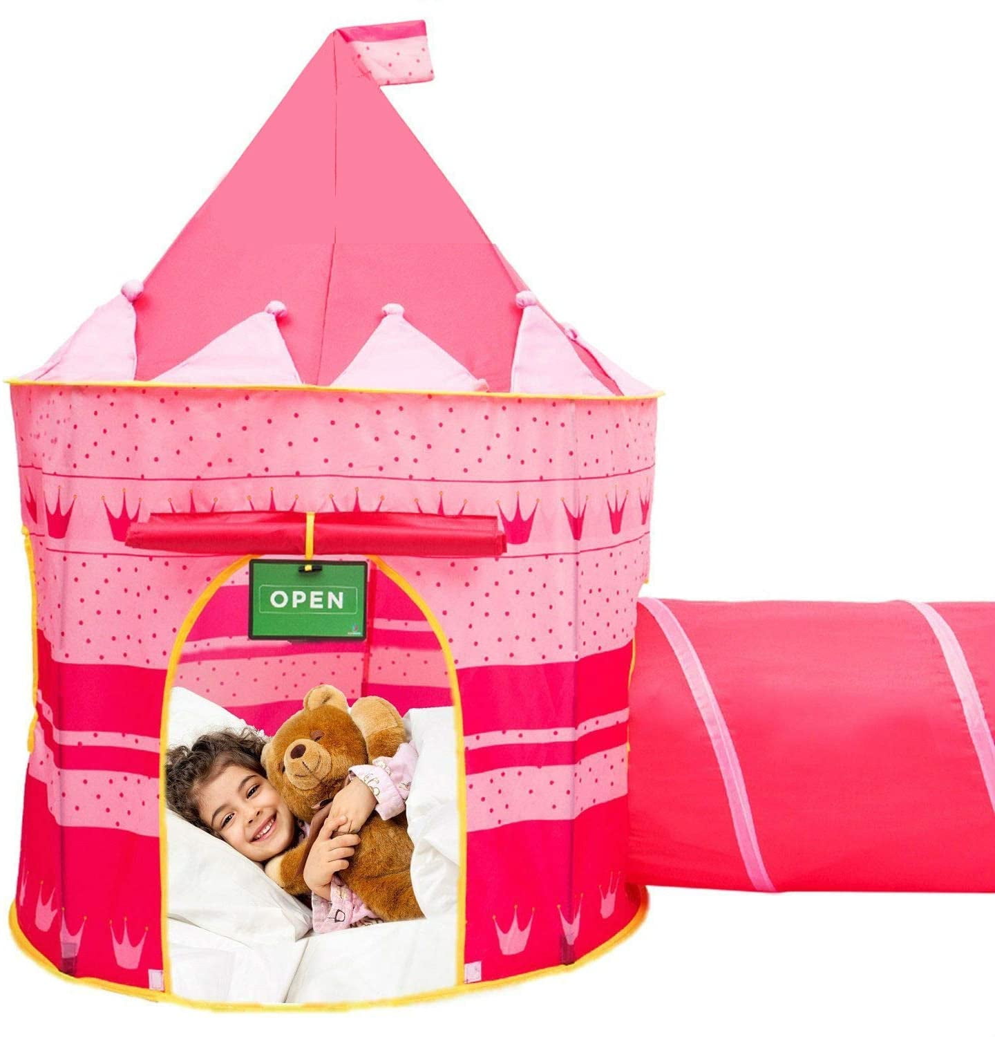 PlayO Princess Castle Play Tent with Crawling Tunnel Kids Pink pop up Tent Playhouse Girls