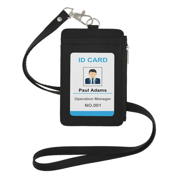 Muka ID Badge Holder with Zip, 2-Sided Vertical PU Leather with Zipper Pocket and Leather Lanyard-Black