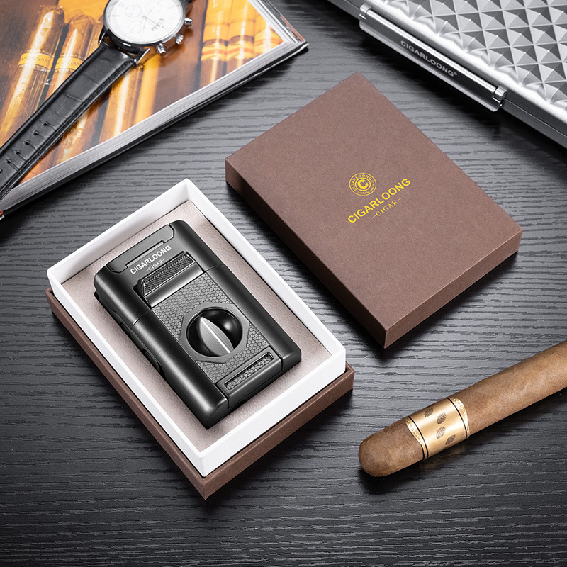 Cigar Lighter Multifunctional With Cigar Shears Cigar Drill Cigar Shot Gift Box 4 Fire Straight Windproof