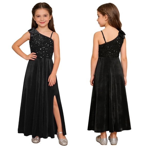 Aislor Flower Girl Sequin Velvet One Shoulder with Bow Slit Wedding Junior Bridesmaid Dress Black 8