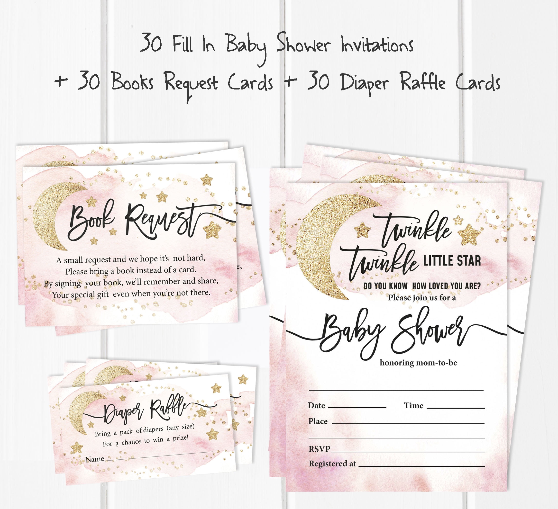 Inkdotpot Set Of 30Gender Reveal Baby Shower Invitations-Diaper Raffle Tickets And Baby Shower Book Request Cards Twinkle Twinkle Little Star Invites Its A Boy Its A Girl