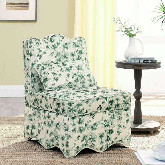 BOFANG French Country Dining Chair with Floral Pillow Green Flannel Upholstered Armless Side Chair for Kitchen