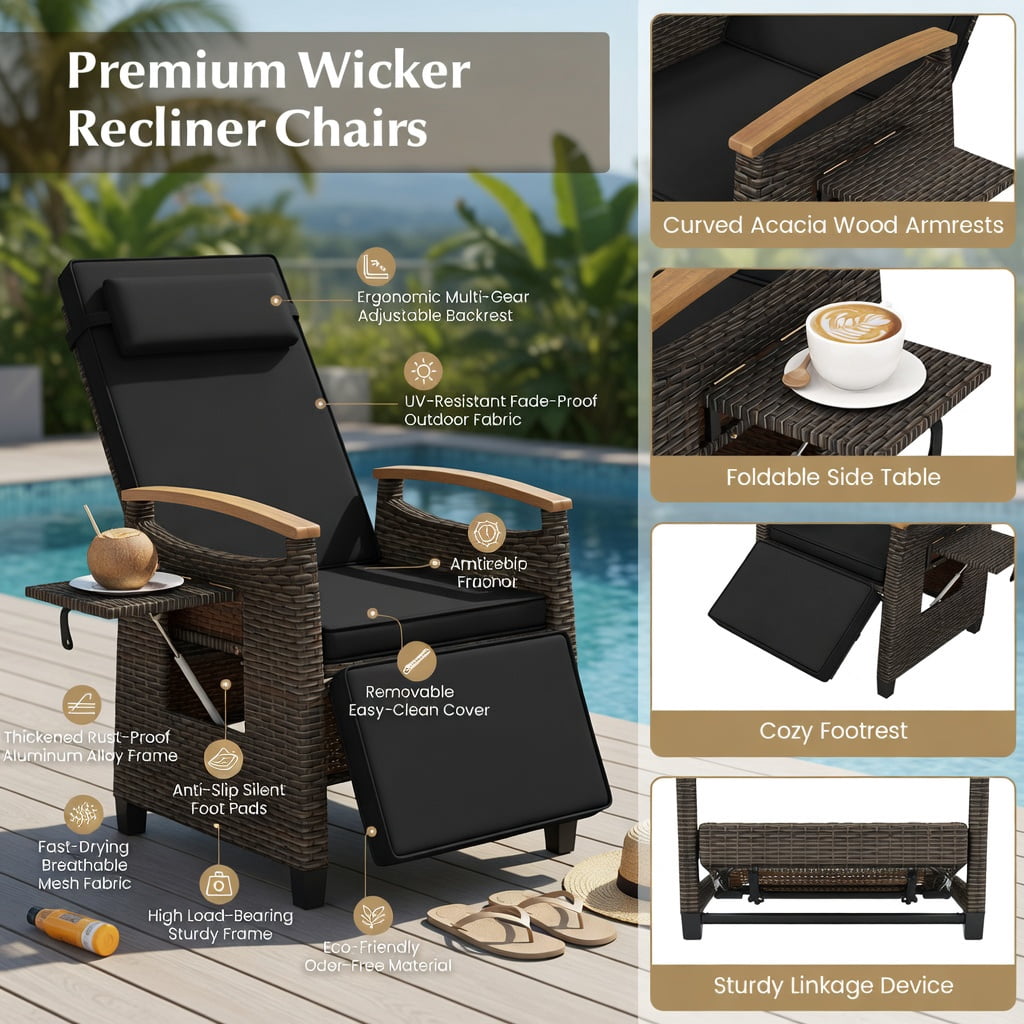 Hommoo Adjustable Outdoor Wicker Recliner Chair with Footrest & Removable Cushions, PE Rattan, Acacia Wood Frame, Black