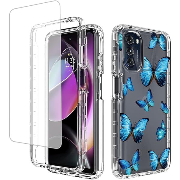 wonima11 Case for Moto G 5G 2022, XT2213-1, Clear Butterfly Pattern Full Body Protective Phone Cover with Tempered-Glass Screen Protector, Shock-Absorbent for Motorola Moto G 5G 2022 Blue Butterfly