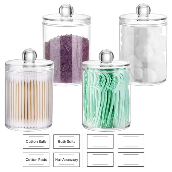 Coolmade 4 Pack Qtip Holder Storage Canister for Cotton Ball, Cotton Swab, Cotton Round Pads, Floss; 10-Ounce Clear Plastic Apothecary Jar with Lid, Bathroom Canister Storage Organization
