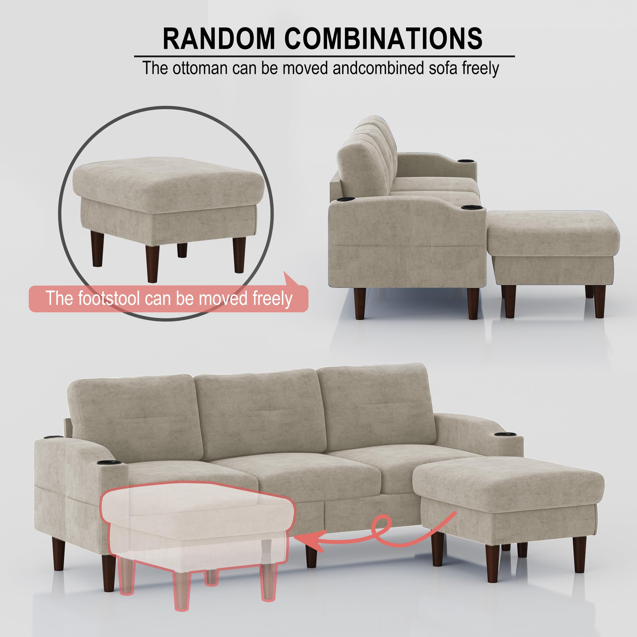 Aukfa Modular L-Shaped 3-Seater Sectional Sofa with Storage Ottoman, USB Ports and Cup Holders, 78" Couch for Living Room, Beige