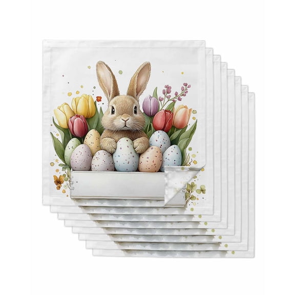 nqOlkjepod Bunny Easter Cloth Napkins Set of 8 Reusable Dinner Napkins, Eggs Spring Blooms Botanicals Cocktail Napkin Washable Table Napkins for Wedding/Holiday Party/Baby Shower 20"x20"