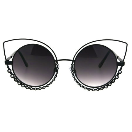 Womens Iced Out Rhinestone Tear Lash Metal Rim Round Cat Eye Sunglasses Black Smoke