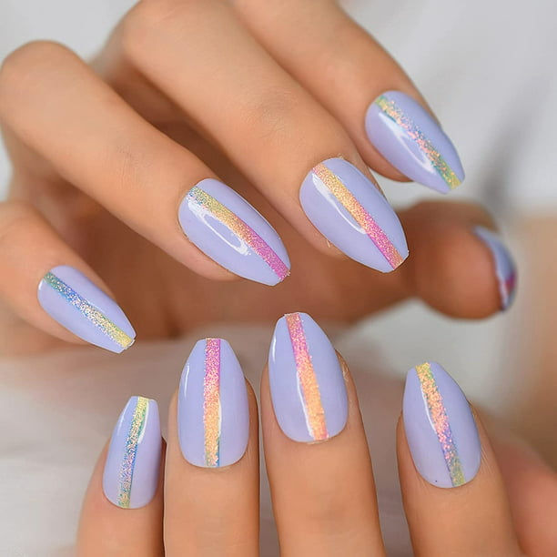 Light Purple Press on Nail Holo Chrome Rainbow Glitter Coffin False Fake  Nails Short Daily Finger Wear UV Nails for Women Girl 