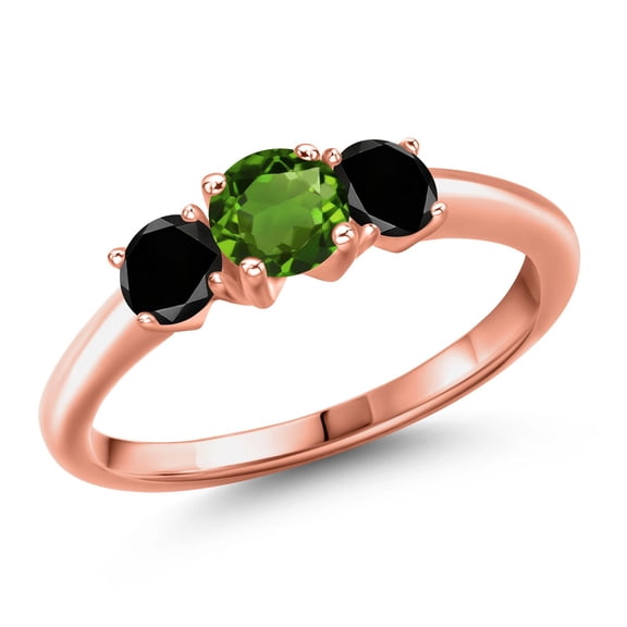 Gem Stone King 18K Rose Gold Plated Silver Green Chrome Diopside and Black Diamond Engagement Ring for Women | 1.04 Cttw | Round 5MM | Gemstone Birthstone | Size 9