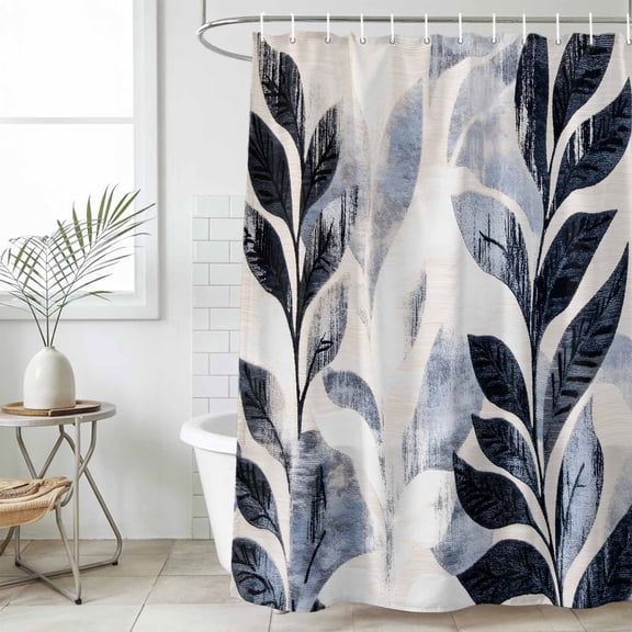 Vintage Navy Blue Botanical Shower Curtain Set, Waterproof Shower Curtains for Bathroom, Tropical Leaves Modernism Washable Fabric Cloth Bath Curtain for Bathtub Decoration with Hooks 72x78 Inches
