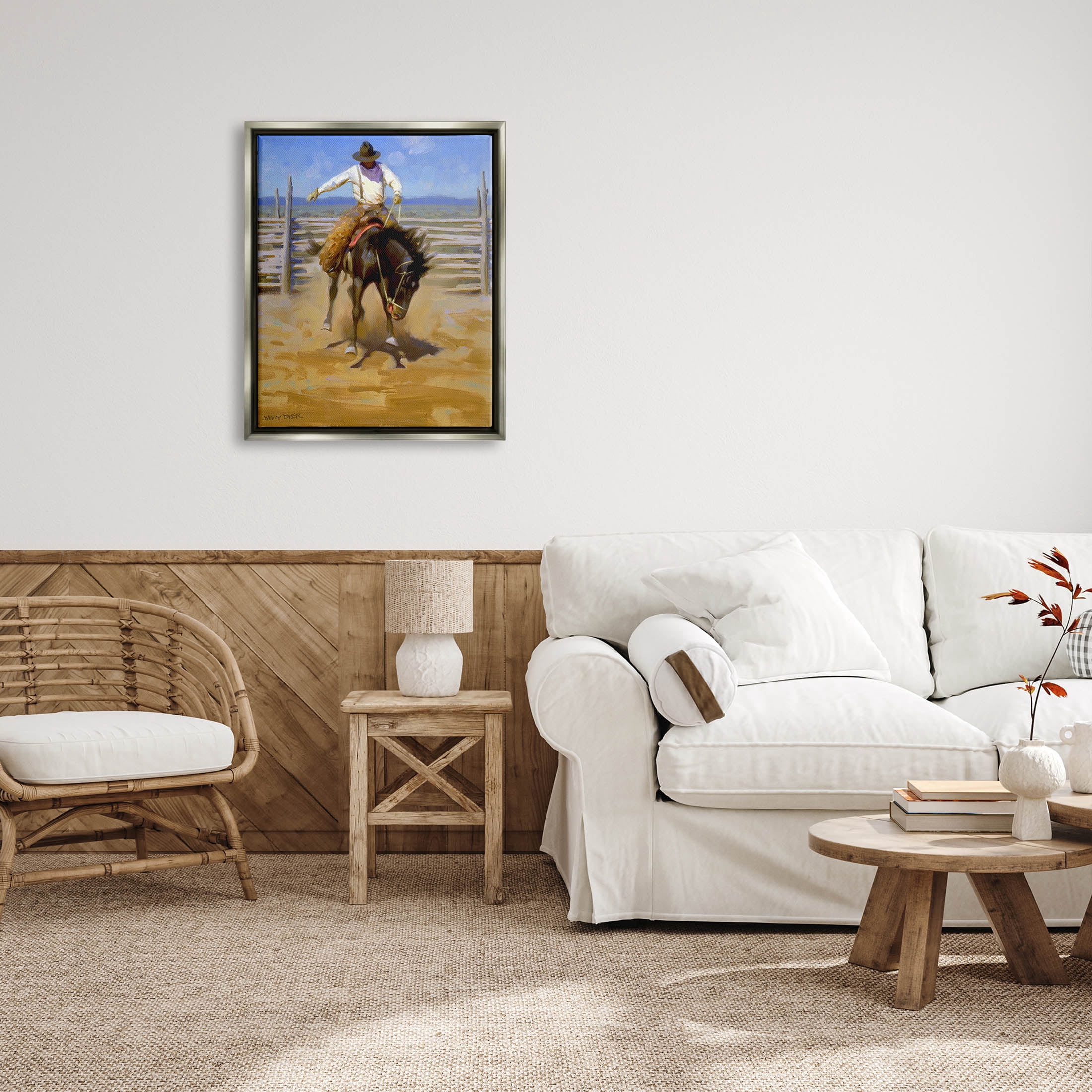 Equestrian Rodeo Horse Jockey Animals & Insects Painting Luster Gray Framed Art Print Wall Art
