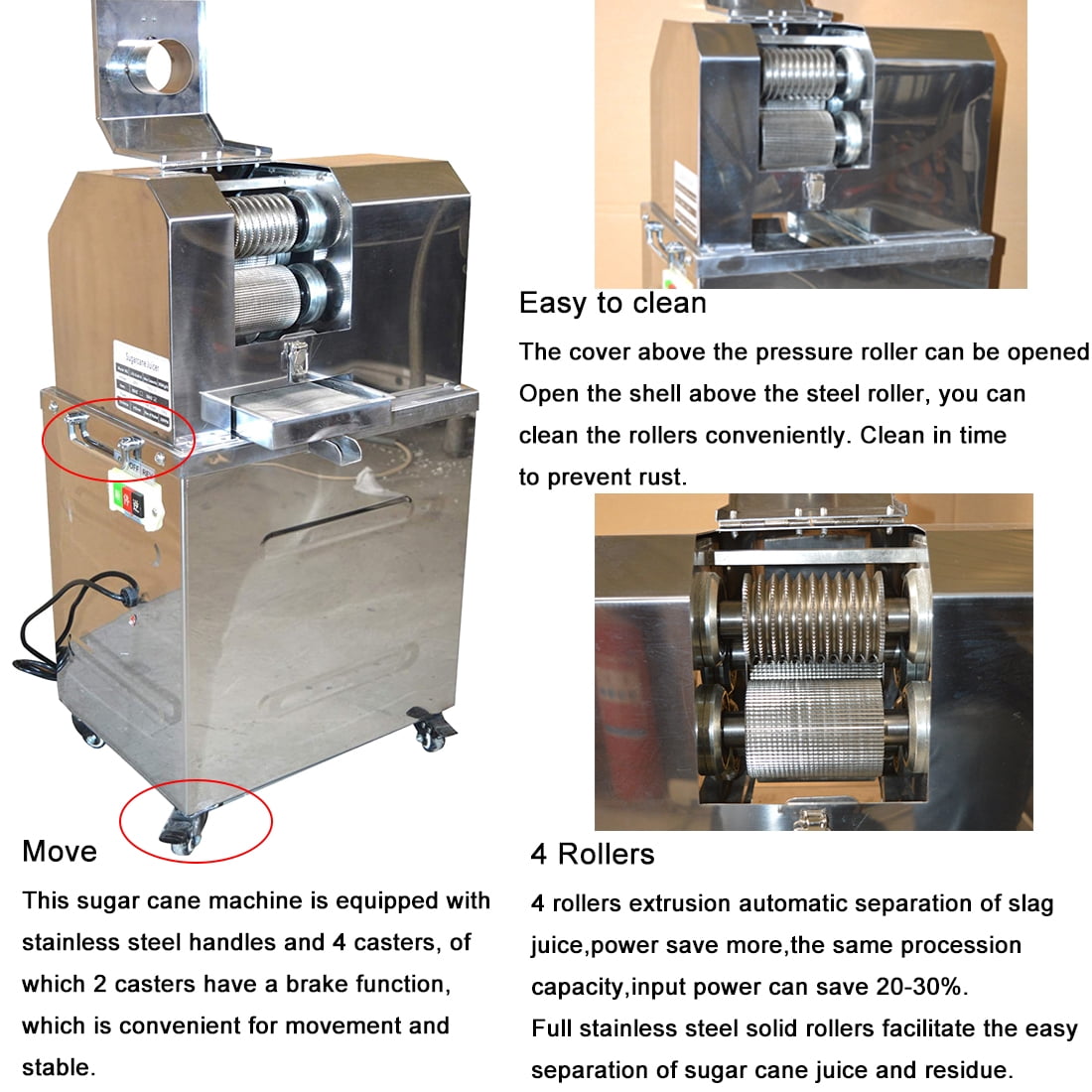 INTBUYING Electric Sugarcane Juicer Ginger Sorghum Press Extractor 4 Rollers 304 Stainless Steel