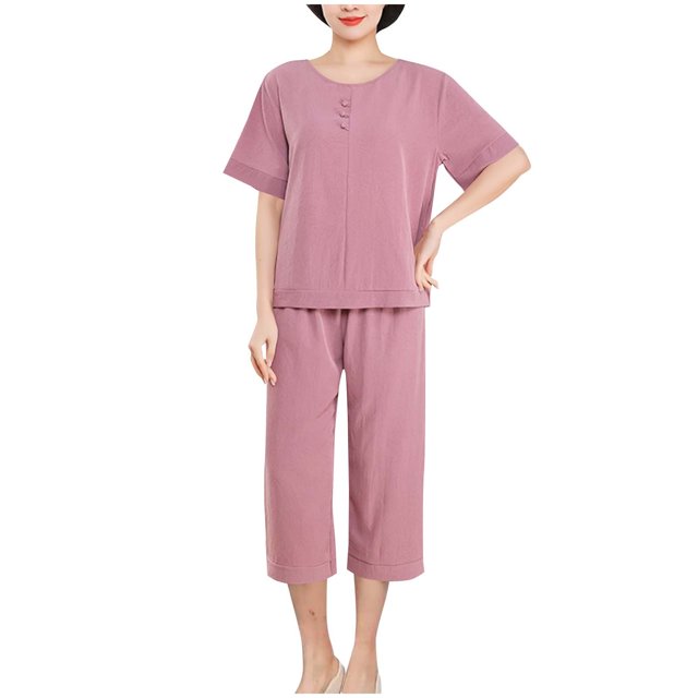 Ohufall Solid Color Classic Womens Pajama Sets Round Neck Button Tee and Capri Pants Sets Loose Womens Pajama Sets