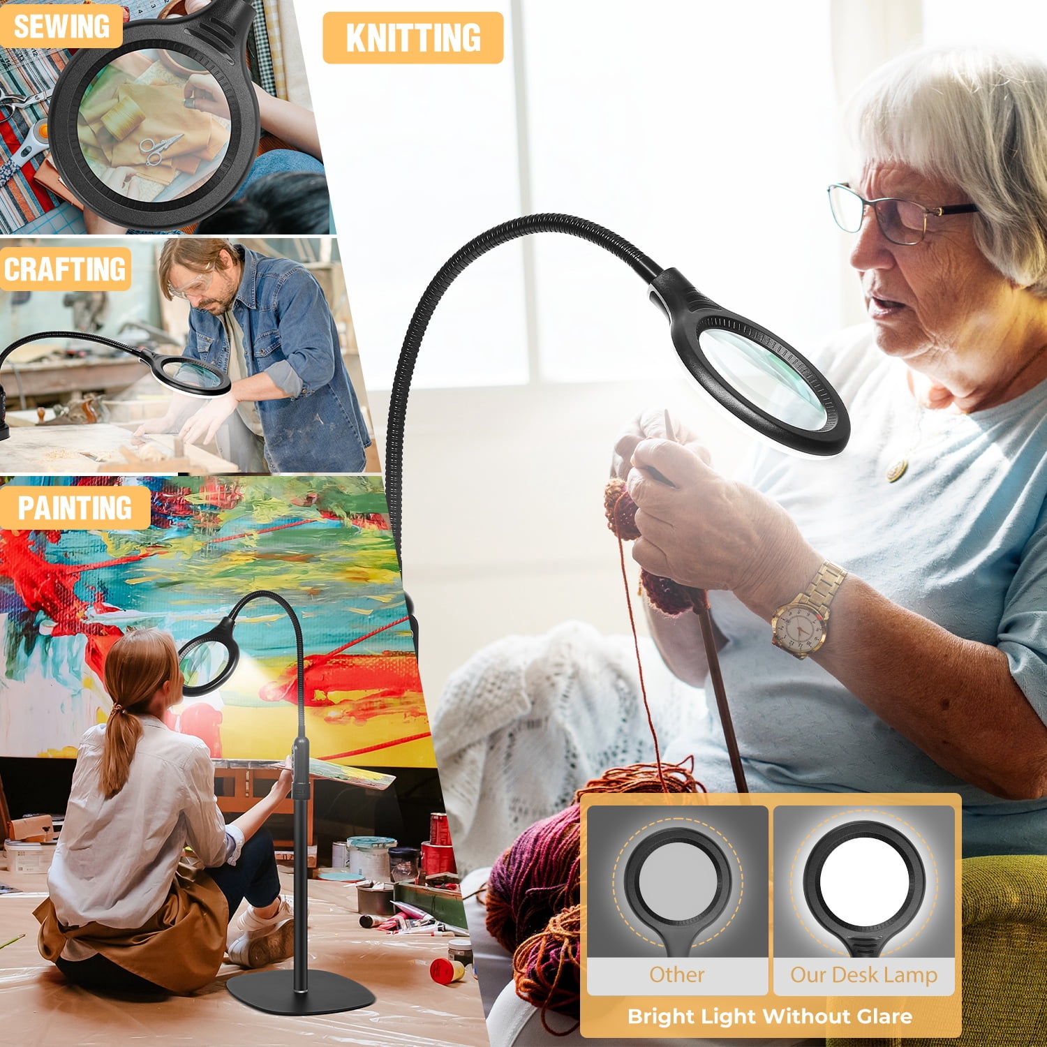 3-in-1 Magnifying Lamp with Light & Floor Stand - Real Glass Lens ,24" Flexible Gooseneck, 5-Color Stepless Dimmable LED Desk Lamp-floor/ Clamp Design, Hands-Free Magnifier for Craft & reading