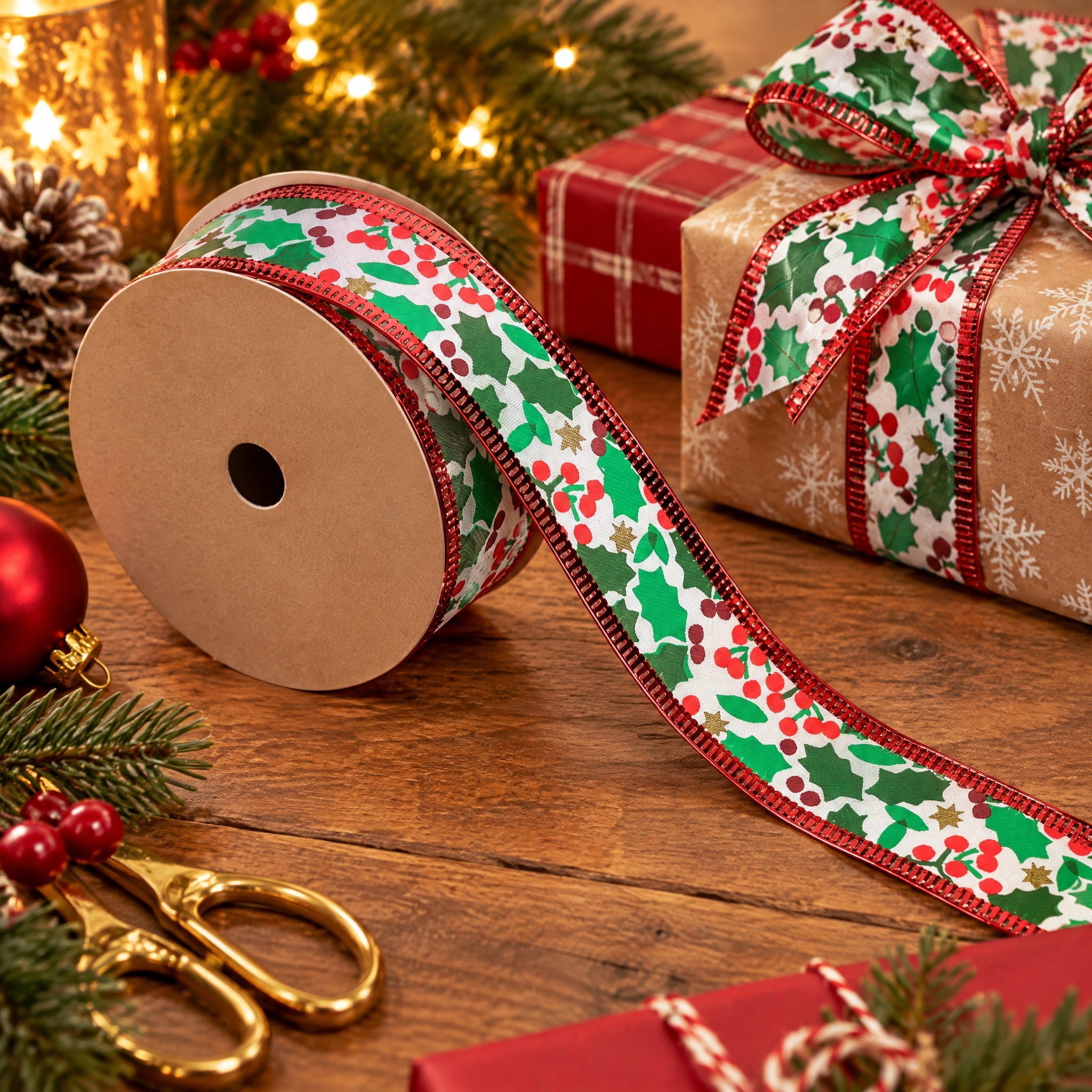 Red/Green/White Holly Berry Mini Christmas Ribbon, 1" x 12', by Holiday Time